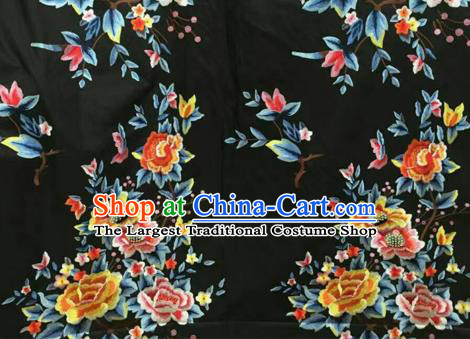 Asian Traditional Fabric Classical Peony Pattern Black Watered Gauze Brocade Chinese Satin Silk Material
