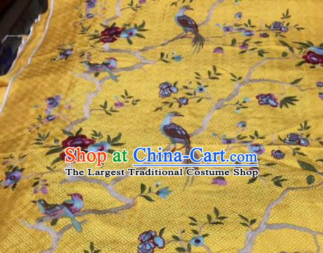 Asian Traditional Fabric Classical Embroidered Bird Flowers Pattern Yellow Brocade Chinese Satin Silk Material