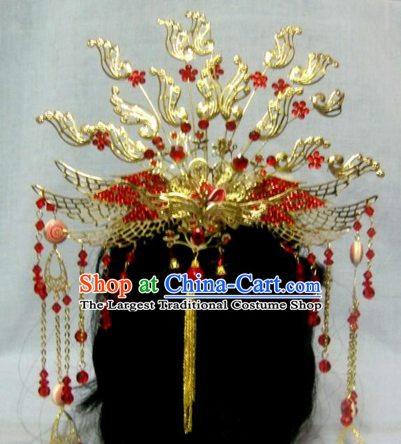 Chinese Traditional Beijing Opera Princess Hair Accessories Ancient Bride Golden Phoenix Hairpins Headwear for Women
