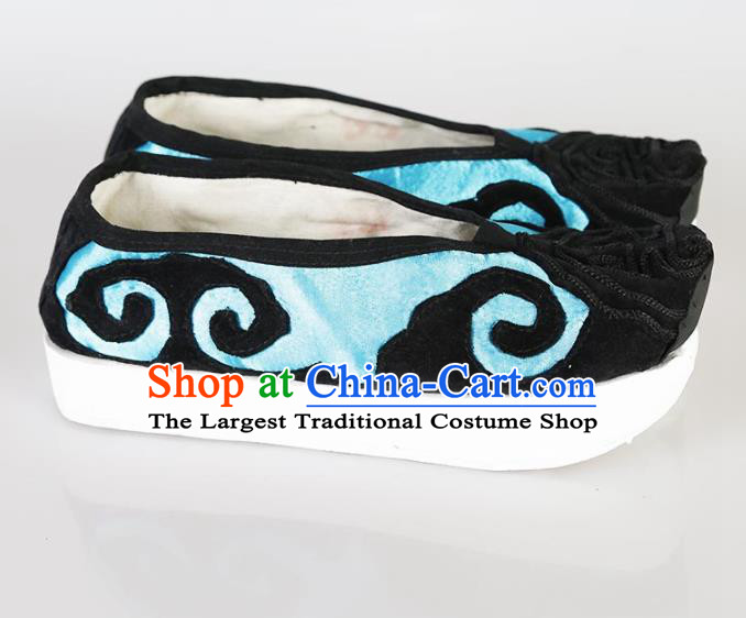 Traditional Chinese Beijing Opera Pantaloon Embroidered Shoes Ancient Hanfu Blue Shoes for Women