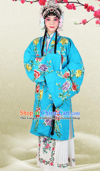 Chinese Traditional Beijing Opera Princess Blue Dress Ancient Palace Lady Embroidered Costume for Women