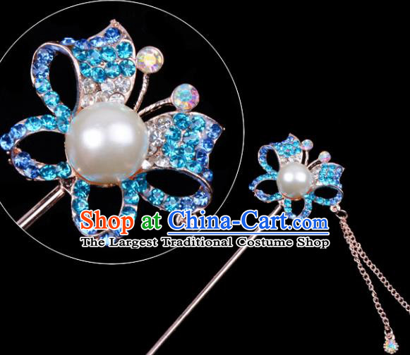 Professional Chinese Traditional Beijing Opera Hair Accessories Ancient Princess Blue Crystal Butterfly Hairpins for Women