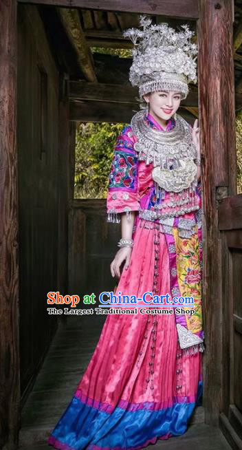 Chinese Traditional Hmong Ethnic Costume Miao Nationality Folk Dance Wedding Dress and Headdress for Women
