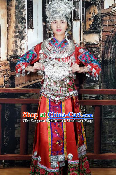 Chinese Traditional Hmong Ethnic Wedding Costume Miao Nationality Folk Dance Dress and Headdress for Women