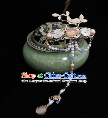 Chinese Traditional Hanfu Hair Accessories Ancient Princess Rose Chalcedony Tassel Hairpins for Women
