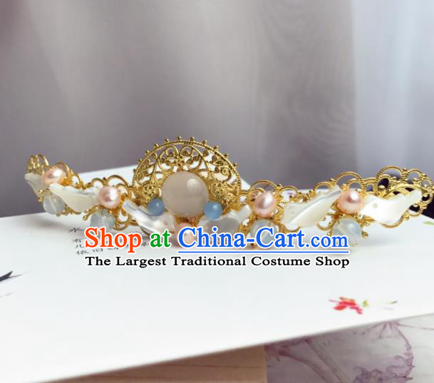 Chinese Ancient Princess Hairpins Rose Chalcedony Pearls Hair Crown Traditional Hanfu Hair Accessories for Women