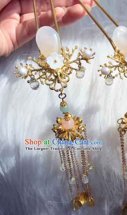 Chinese Ancient Princess Rose Chalcedony Tassel Hairpins Traditional Hanfu Hair Accessories for Women