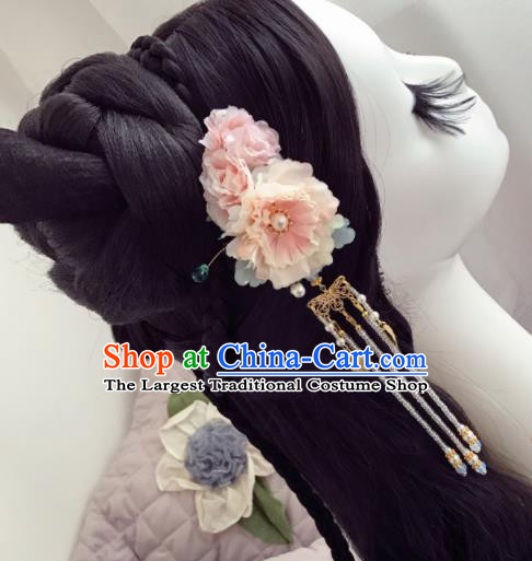 Chinese Ancient Princess Pink Flowers Tassel Hairpins Traditional Hanfu Hair Accessories for Women