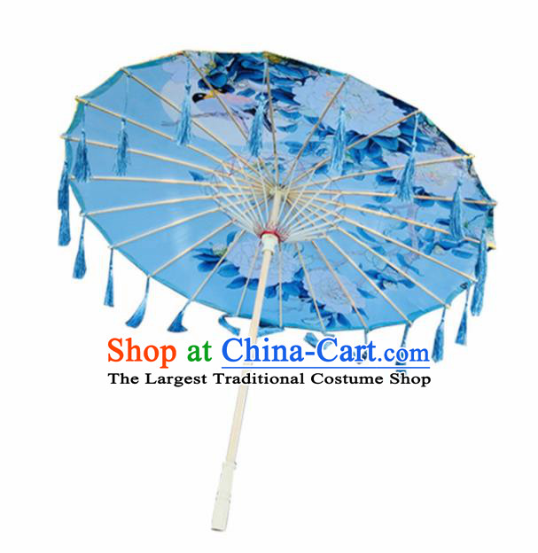 Chinese Ancient Drama Prop Printing Peony Silk Umbrella Traditional Handmade Blue Tassel Umbrellas