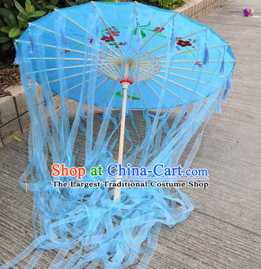 Chinese Ancient Drama Prop Princess Blue Ribbon Umbrella Traditional Handmade Umbrellas for Women
