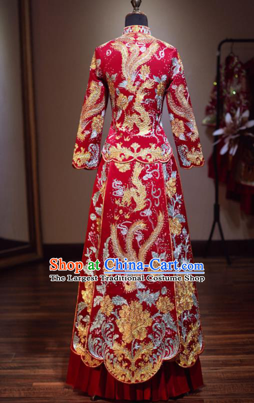 Chinese Traditional Bride Red Xiuhe Suit Ancient Wedding Embroidered Phoenix Dress for Women