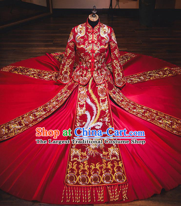 Chinese Traditional Bride Red Diamante Xiuhe Suit Ancient Wedding Embroidered Phoenix Dress for Women
