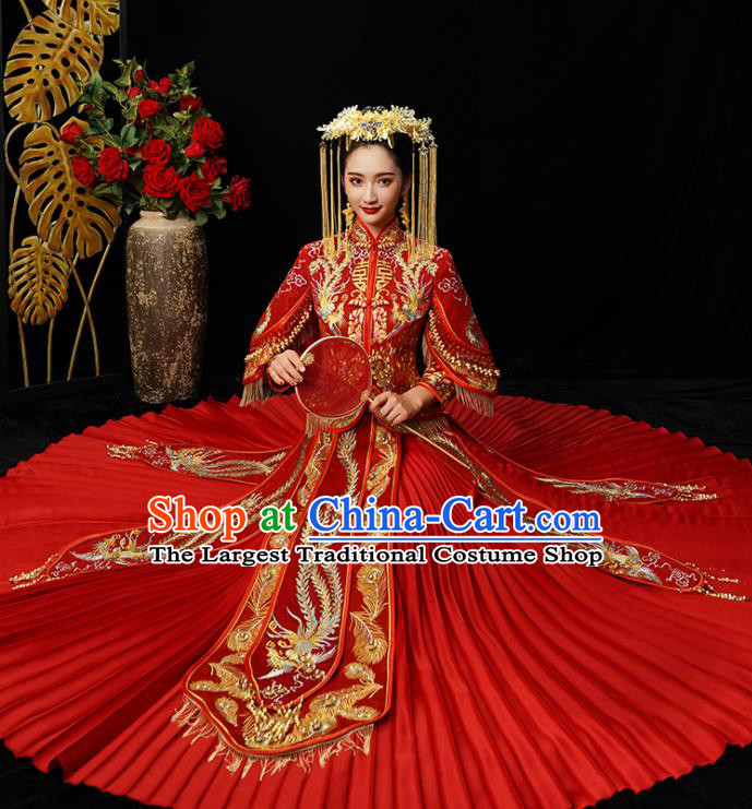Chinese Traditional Bride Diamante Xiuhe Suit Ancient Wedding Embroidered Phoenix Dress for Women