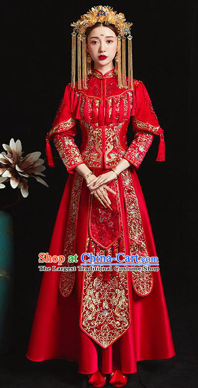 Chinese Traditional Bride Costume Embroidered Xiuhe Suit Ancient Wedding Red Tassel Dress for Women