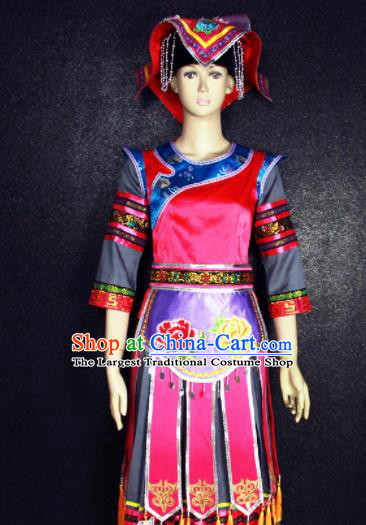 Chinese Traditional Gelao Nationality Embroidered Red Dress Ethnic Folk Dance Costume for Women