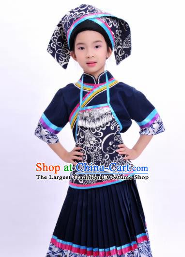 Chinese Traditional Zhuang Nationality Embroidered Navy Dress Ethnic Folk Dance Costume for Kids