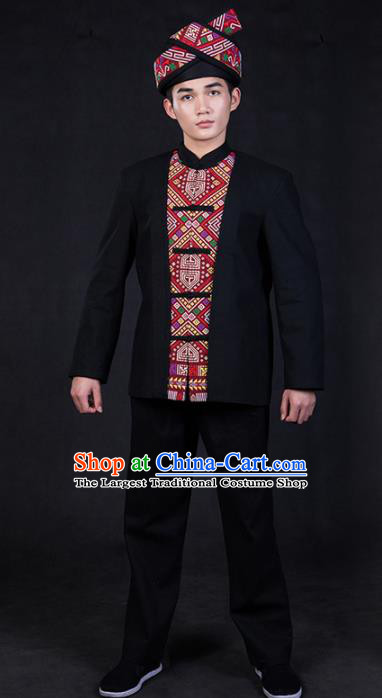 Chinese Traditional Zhuang Nationality Black Clothing Ethnic Festival Folk Dance Costume for Men