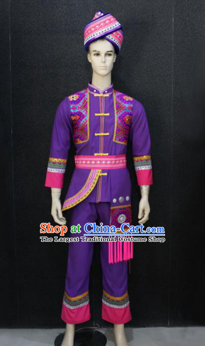 Chinese Traditional Zhuang Nationality Purple Clothing Ethnic Festival Folk Dance Costume for Men