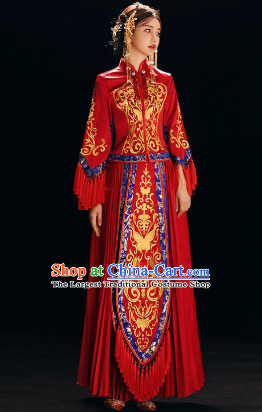 Chinese Traditional Bride Costume Xiuhe Suit Ancient Wedding Red Embroidered Butterfly Dress for Women