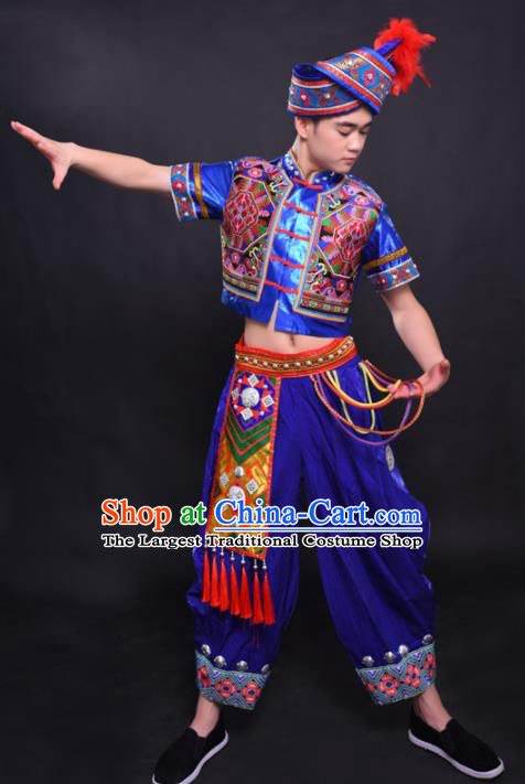 Chinese Traditional Ethnic Royalblue Costume Zhuang Nationality Festival Folk Dance Clothing for Men