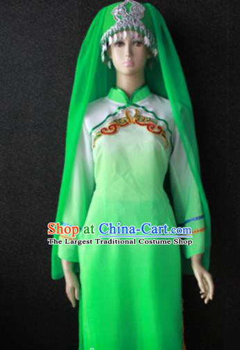 Chinese Traditional Salar Nationality Embroidered Green Dress Ethnic Bride Folk Dance Costume for Women