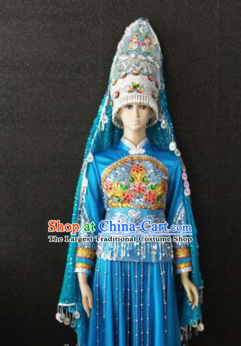 Chinese Traditional Naxi Nationality Embroidered Blue Dress Ethnic Bride Folk Dance Costume for Women