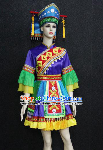 Chinese Traditional Mulao Nationality Purple Dress Ethnic Folk Dance Costume for Women