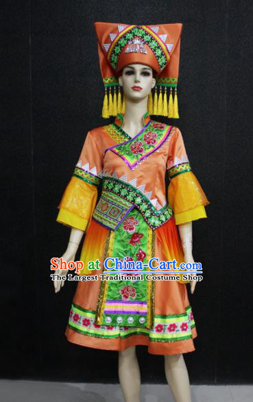 Chinese Traditional Zhuang Nationality Orange Dress Ethnic Folk Dance Costume for Women
