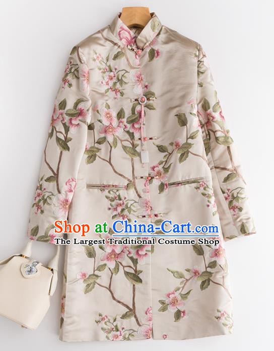 Chinese Traditional National Costume Tang Suit Embroidered Beige Coat Outer Garment for Women