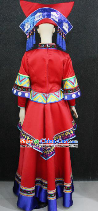 Chinese Traditional Zhuang Nationality Wedding Red Dress Ethnic Folk Dance Costume for Women