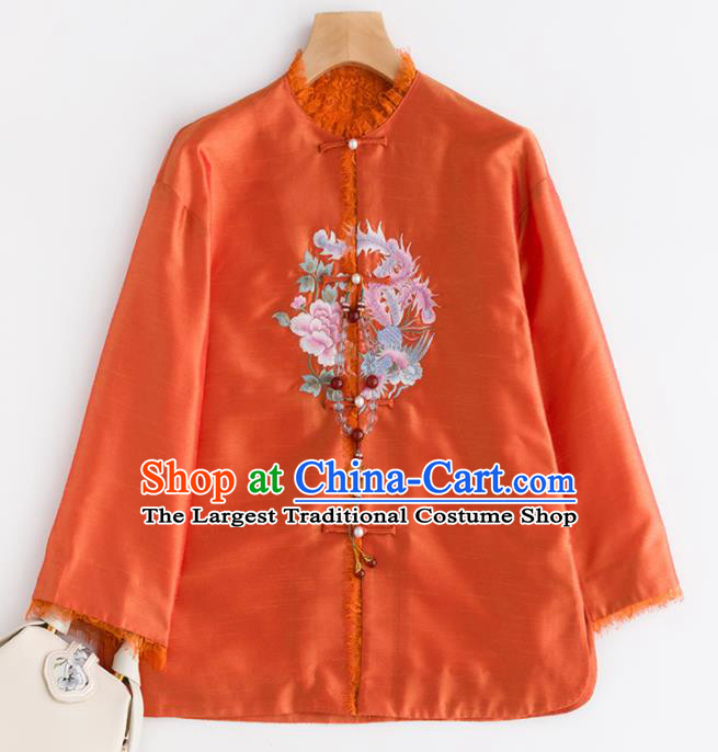 Chinese Traditional National Costume Tang Suit Upper Outer Garment Embroidered Orange Jacket for Women