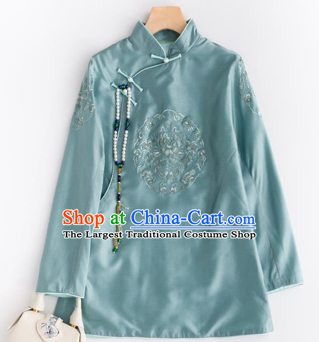 Chinese Traditional National Costume Tang Suit Upper Outer Garment Embroidered Blue Blouse for Women