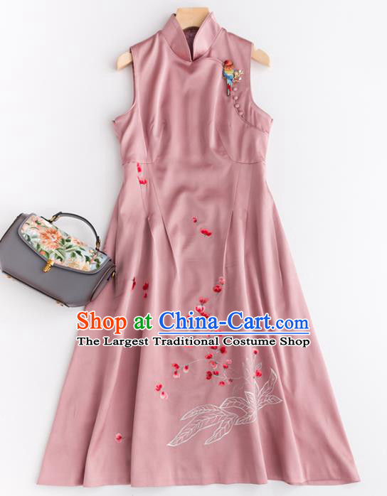 Chinese Traditional National Costume Tang Suit Pink Silk Cheongsam Embroidered Qipao Dress for Women
