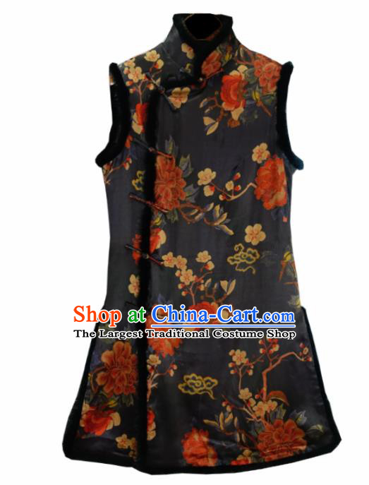 Traditional Chinese National Costume Tang Suit Black Silk Waistcoat for Women