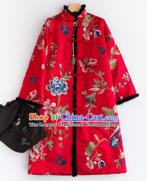 Chinese Traditional Tang Suit Red Satin Cotton Padded Coat National Costume Upper Outer Garment for Women