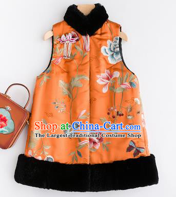 Traditional Chinese National Costume Tang Suit Orange Cotton Padded Waistcoat for Women