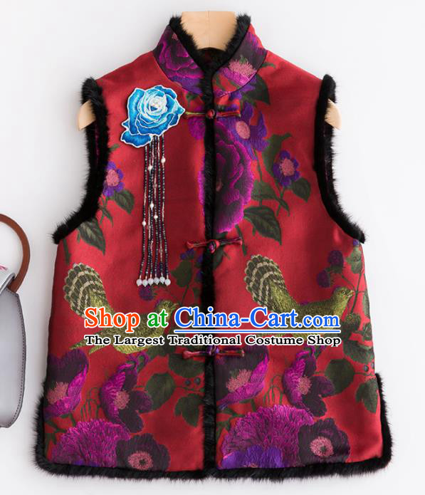 Traditional Chinese National Costume Tang Suit Red Suede Fabric Waistcoat for Women