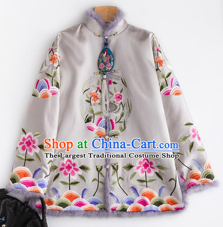 Chinese Traditional Costume National Tang Suit Grey Cotton Padded Jacket Outer Garment for Women