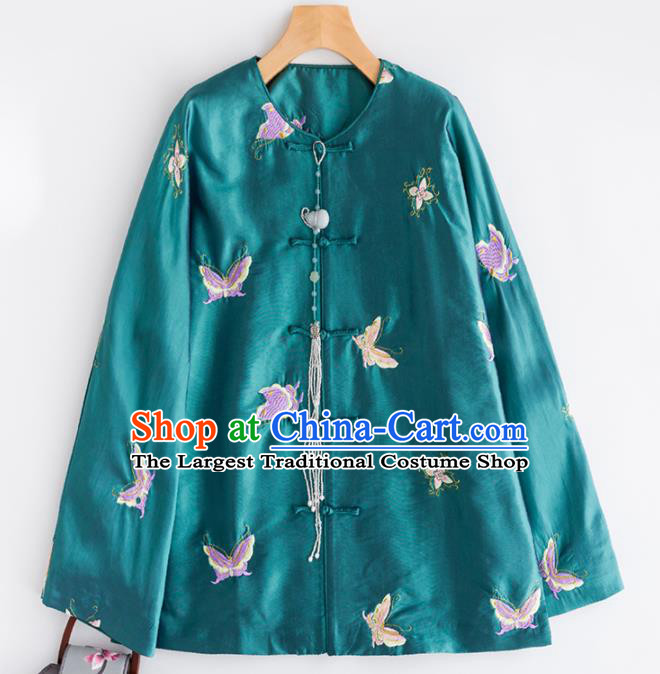 Chinese Traditional Costume National Tang Suit Shirts Embroidered Butterfly Green Blouse for Women