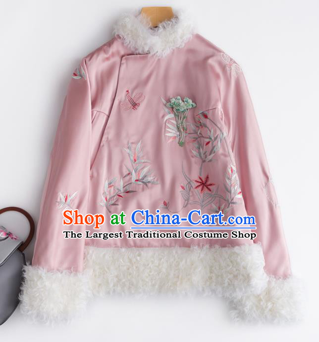 Chinese Traditional National Costume Tang Suit Outer Garment Embroidered Pink Short Coat for Women