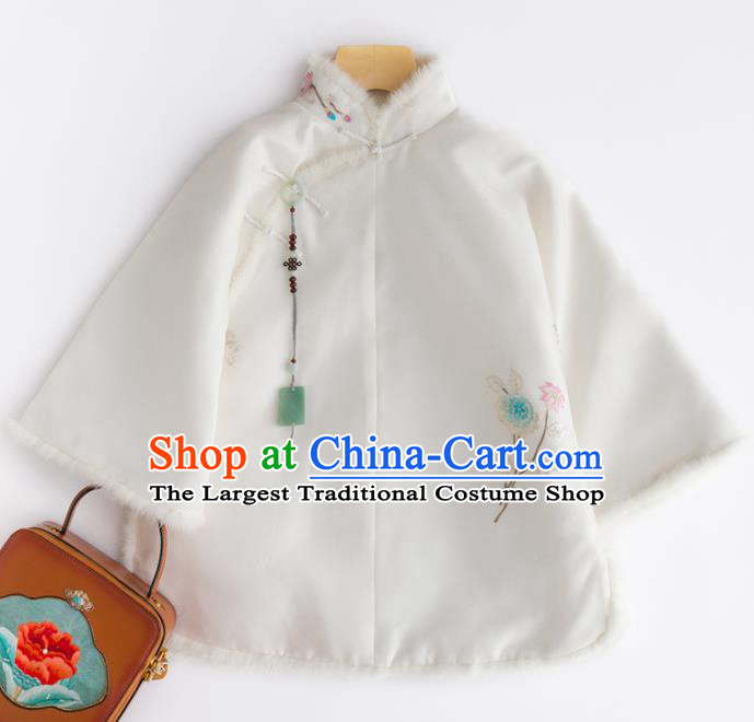 Chinese Traditional National Costume Tang Suit Upper Outer Garment Embroidered White Shirts for Women