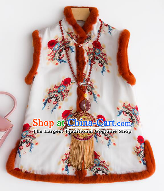 Traditional Chinese National Costume Facial Makeup Brocade Vest Tang Suit White Waistcoat for Women