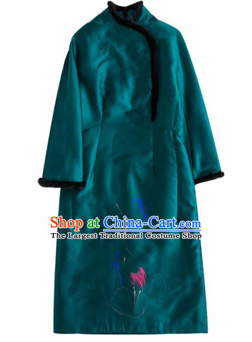 Chinese Traditional National Costume Tang Suit Embroidered Deep Green Dust Coat for Women