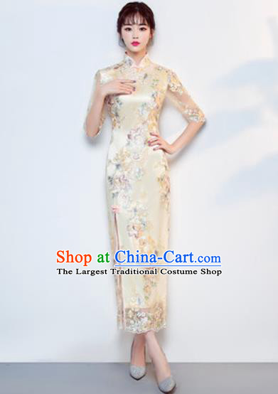 Chinese Traditional National Costume Classical Wedding Cheongsam Yellow Full Dress for Women
