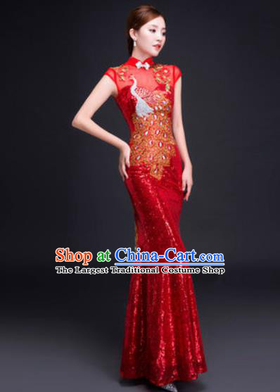 Chinese Traditional National Costume Classical Wedding Red Fishtail Full Dress for Women