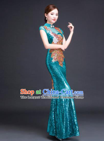 Chinese Traditional National Costume Classical Wedding Lake Blue Fishtail Full Dress for Women