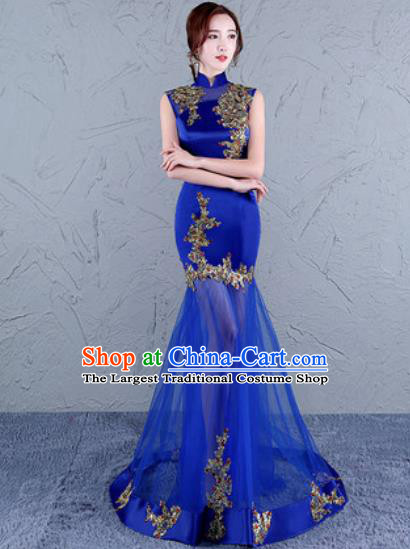 Chinese Traditional Wedding Costume Classical Embroidered Royalblue Veil Full Dress for Women