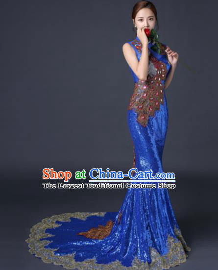 Chinese Traditional Wedding Costume Classical Royalblue Trailing Full Dress for Women
