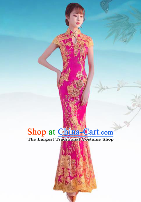 Chinese Traditional Wedding Costume Classical Embroidered Rosy Full Dress for Women