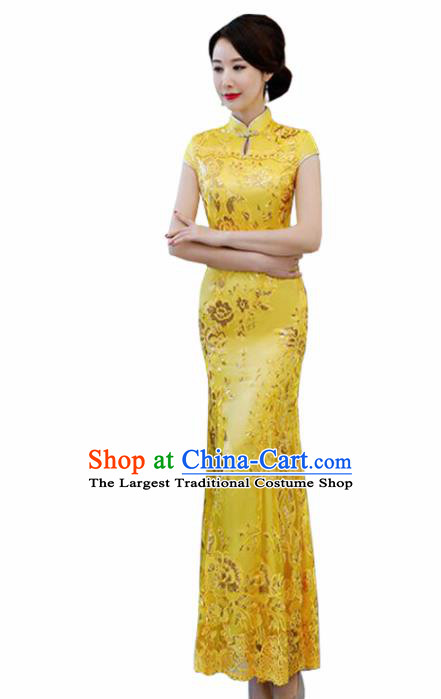 Chinese Traditional Wedding Costume Classical Embroidered Yellow Full Dress for Women